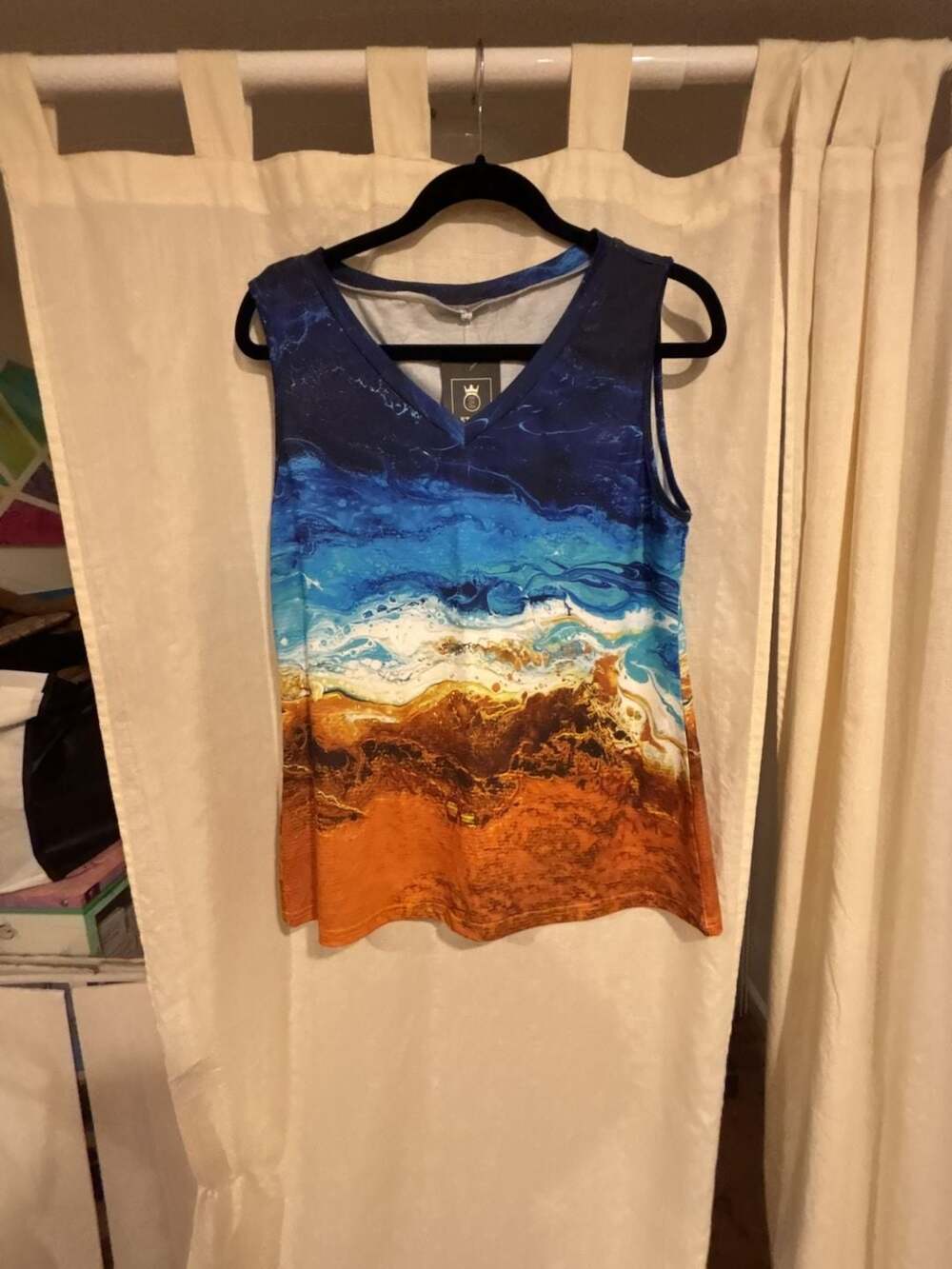 Etcyy Women's V-Neck Sleeveless Tank Top with Abstract Ocean Beach Landscape Pri